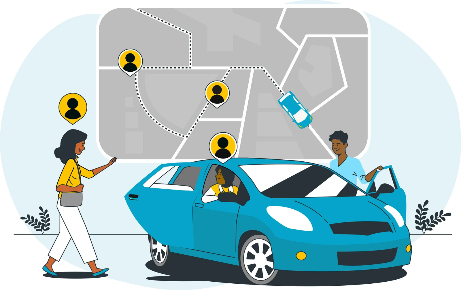 Illustration : une passagère rejoint un Driver et ses covoitureurs, avec l'itinéraire partagé sur une carte